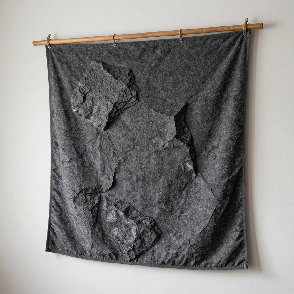 Basalt Tapestry by ALPORA, a handwoven wall tapestry translating highland volcanic rock textures into wool, mineral-dyed in basalt grey and charcoal