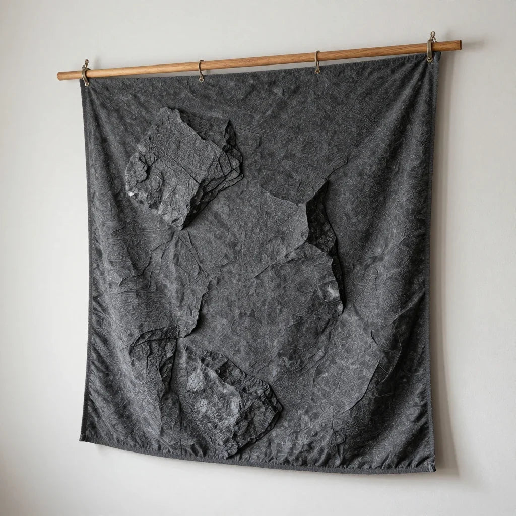Basalt Tapestry by ALPORA, a handwoven wall tapestry translating highland volcanic rock textures into wool, mineral-dyed in basalt grey and charcoal