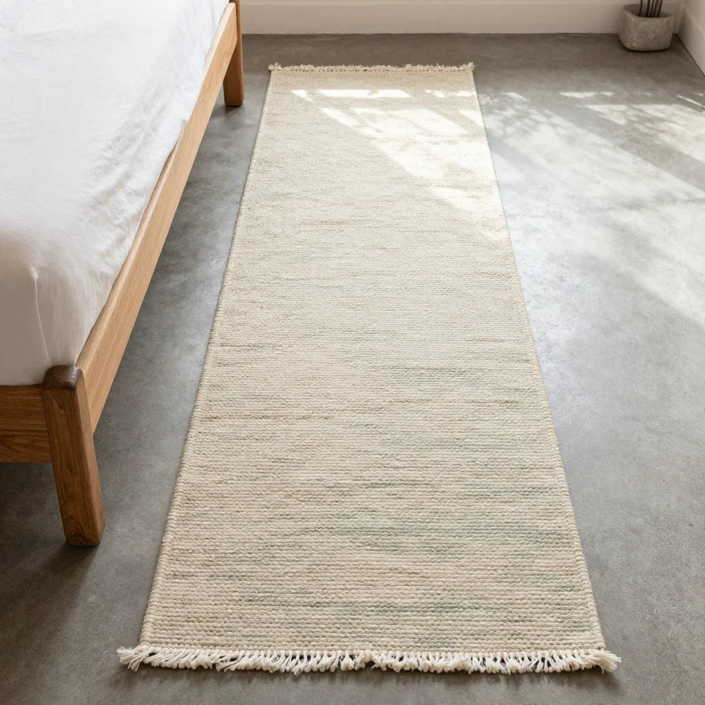 Bedside Wool Runner by ALPORA, a narrow flatwoven runner in undyed bone and pale sage, for beside the bed or beside the chair