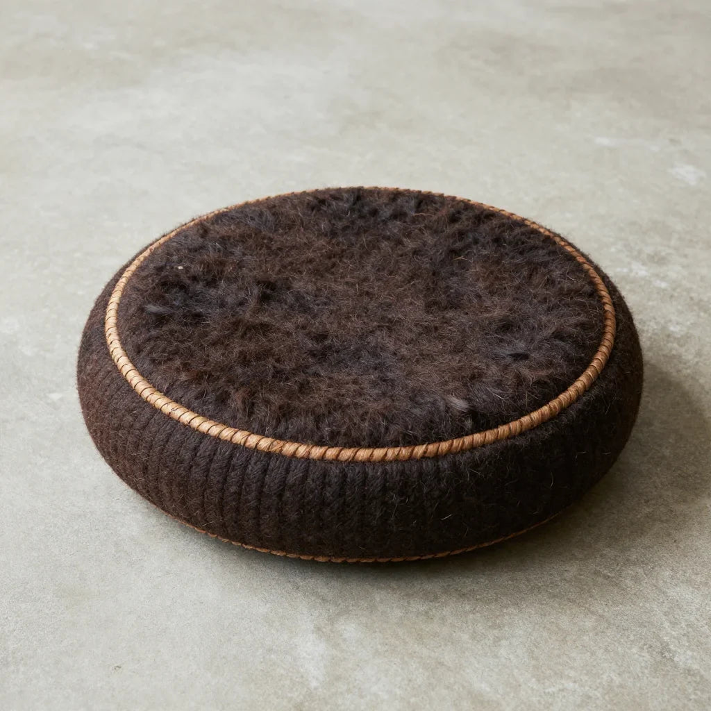Driza Saddle Cushion by ALPORA, a round saddle-style cushion handwoven from natural yak hair and wool, translating the tibetan nomadic saddle pad into a contemporary seat