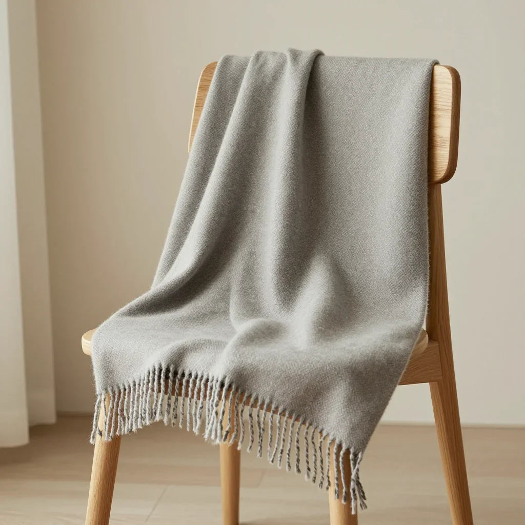 Evening Yak-Wool Wrap by ALPORA, a wider, softly draped yak-wool wrap in smoke and sand for cool interiors and open-air evenings