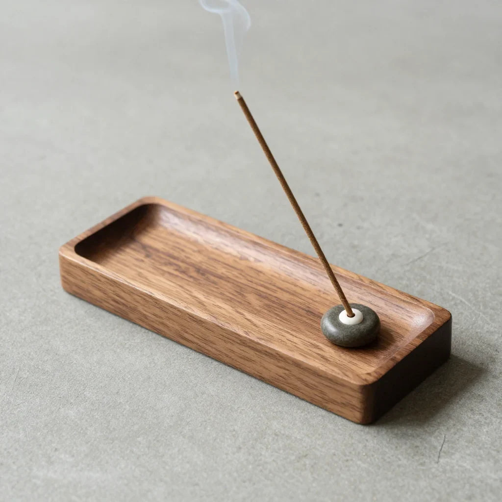 Incense Tray & Stone by ALPORA, a handcrafted wooden tray with natural stone base, for a single incense stick or small offering