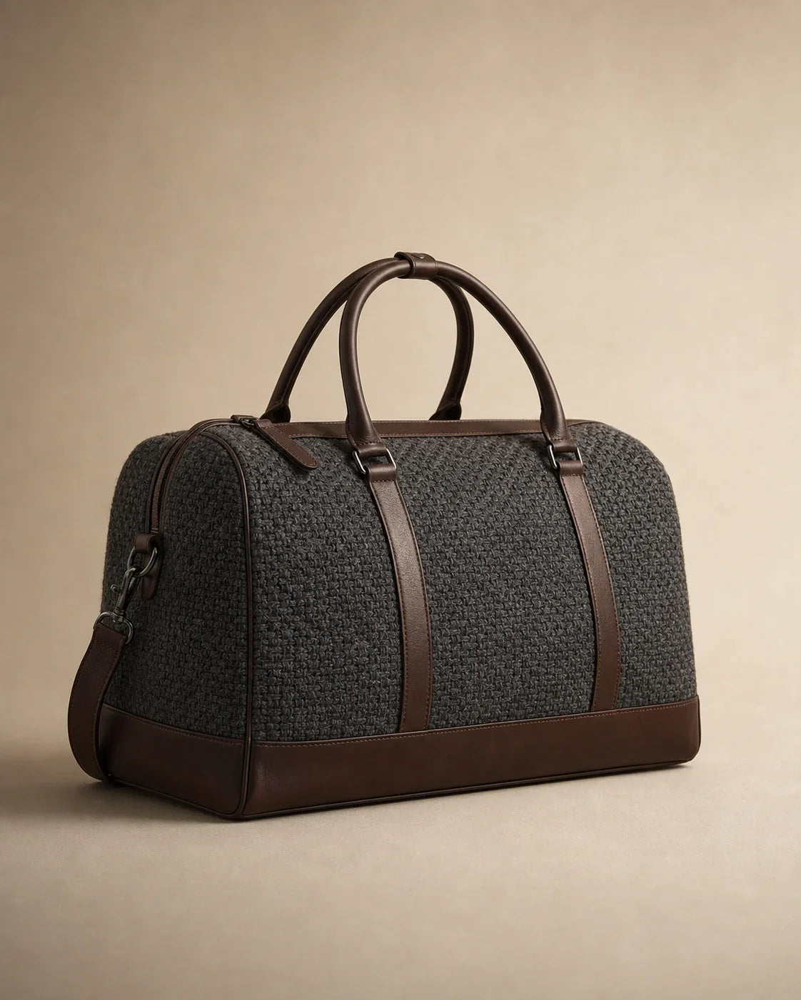 Kora Woven Wool Weekender by ALPORA, a structured travel companion pairing tactile handwoven wool with restrained vegetable-tanned leather