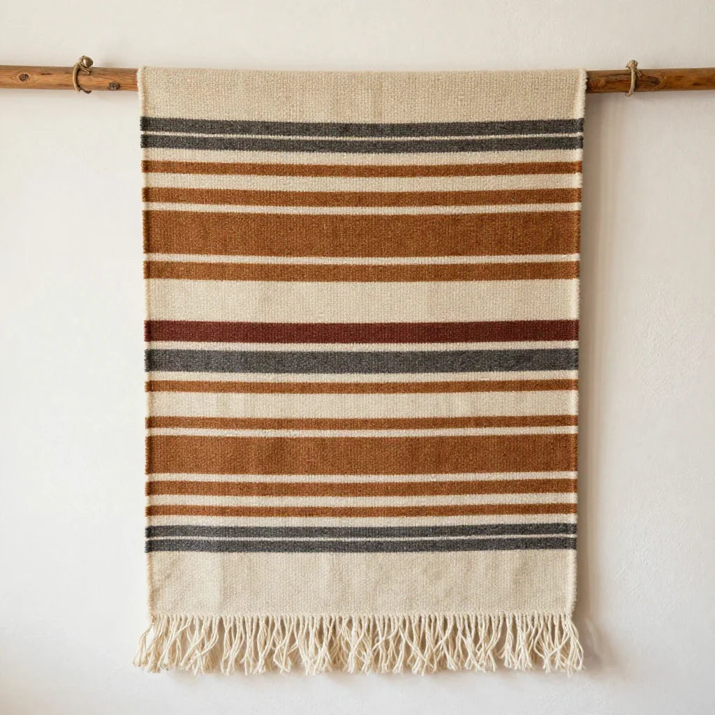 Pulu Wall Tapestry by ALPORA, a traditional tibetan pulu wall tapestry with horizontal stripe patterns in natural undyed wool tones, handwoven on a traditional loom