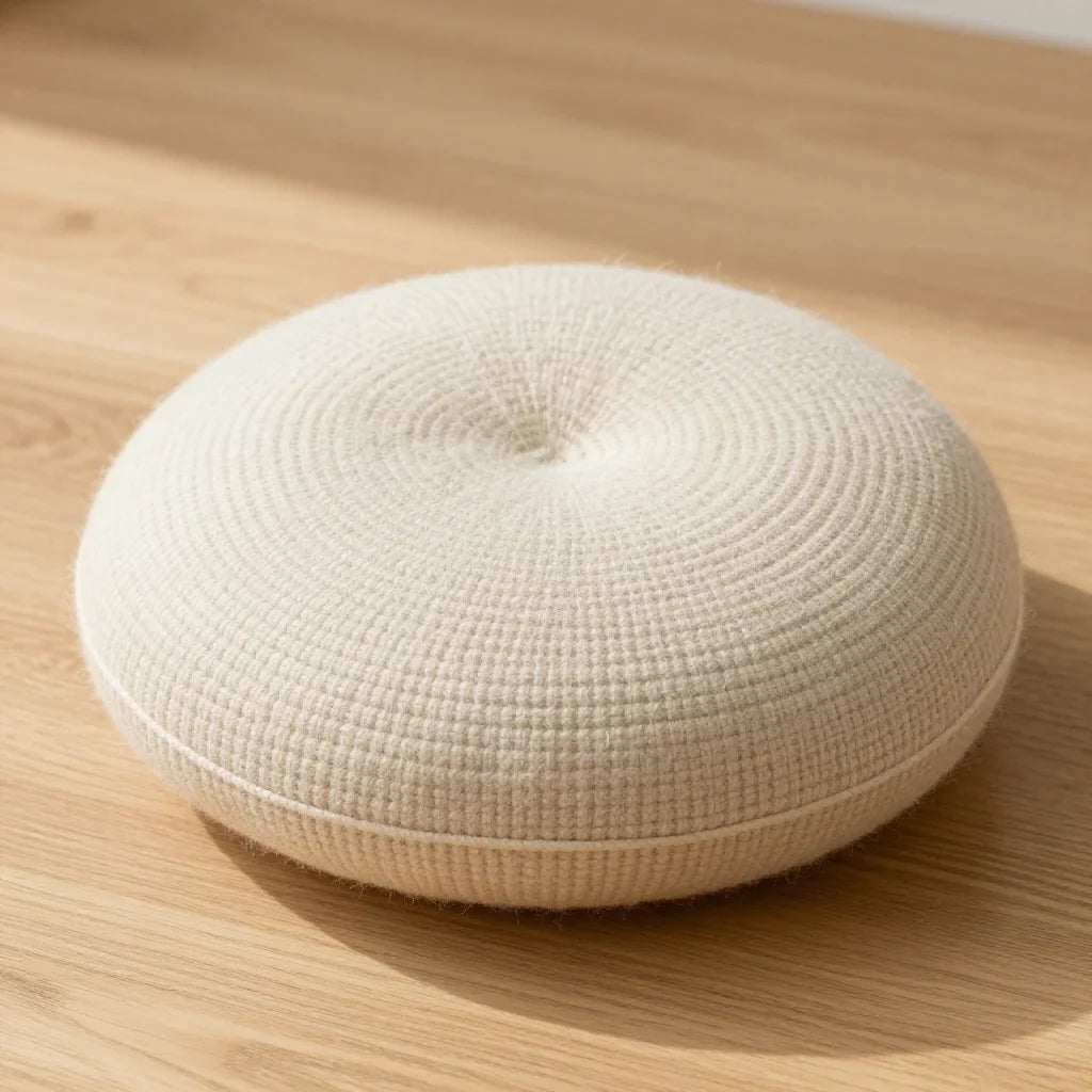 Singing Bowl Cushion by ALPORA, a small round woven cushion for cradling a singing bowl, in undyed cream and pale stone tones