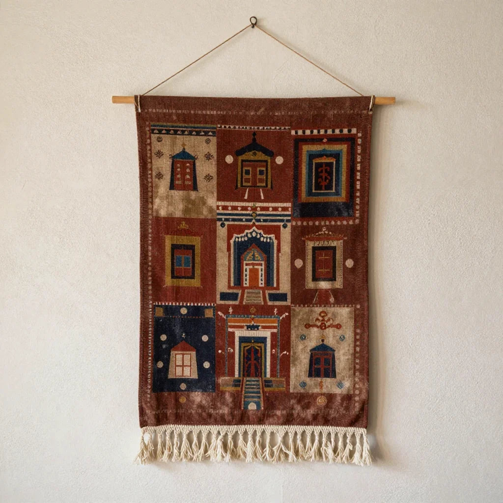 Temple Fragment Wall by ALPORA, a small wall hanging translating tibetan temple architectural textile fragments using ancient natural dye techniques