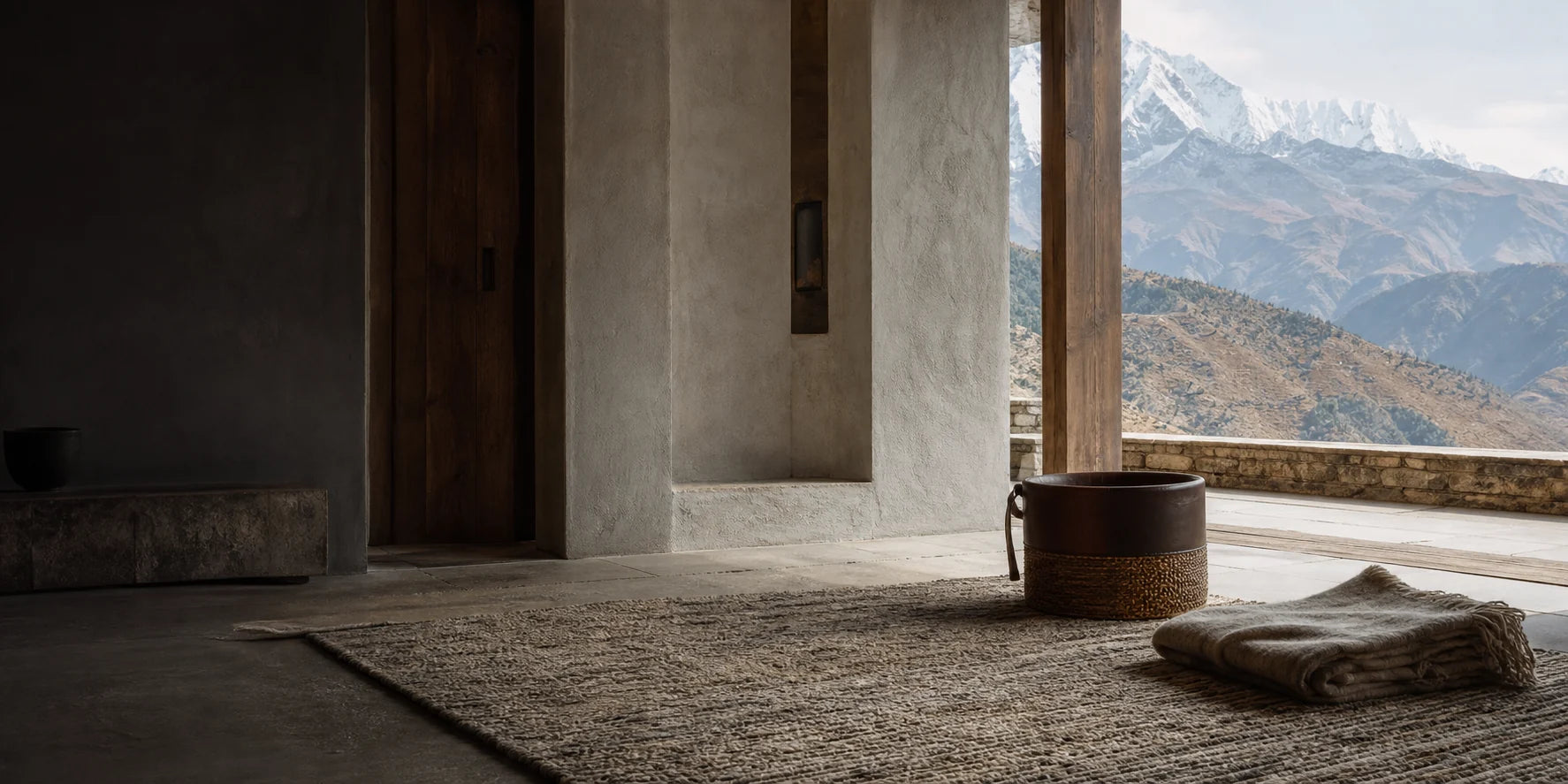 Concept interior with woven textile and highland landscape