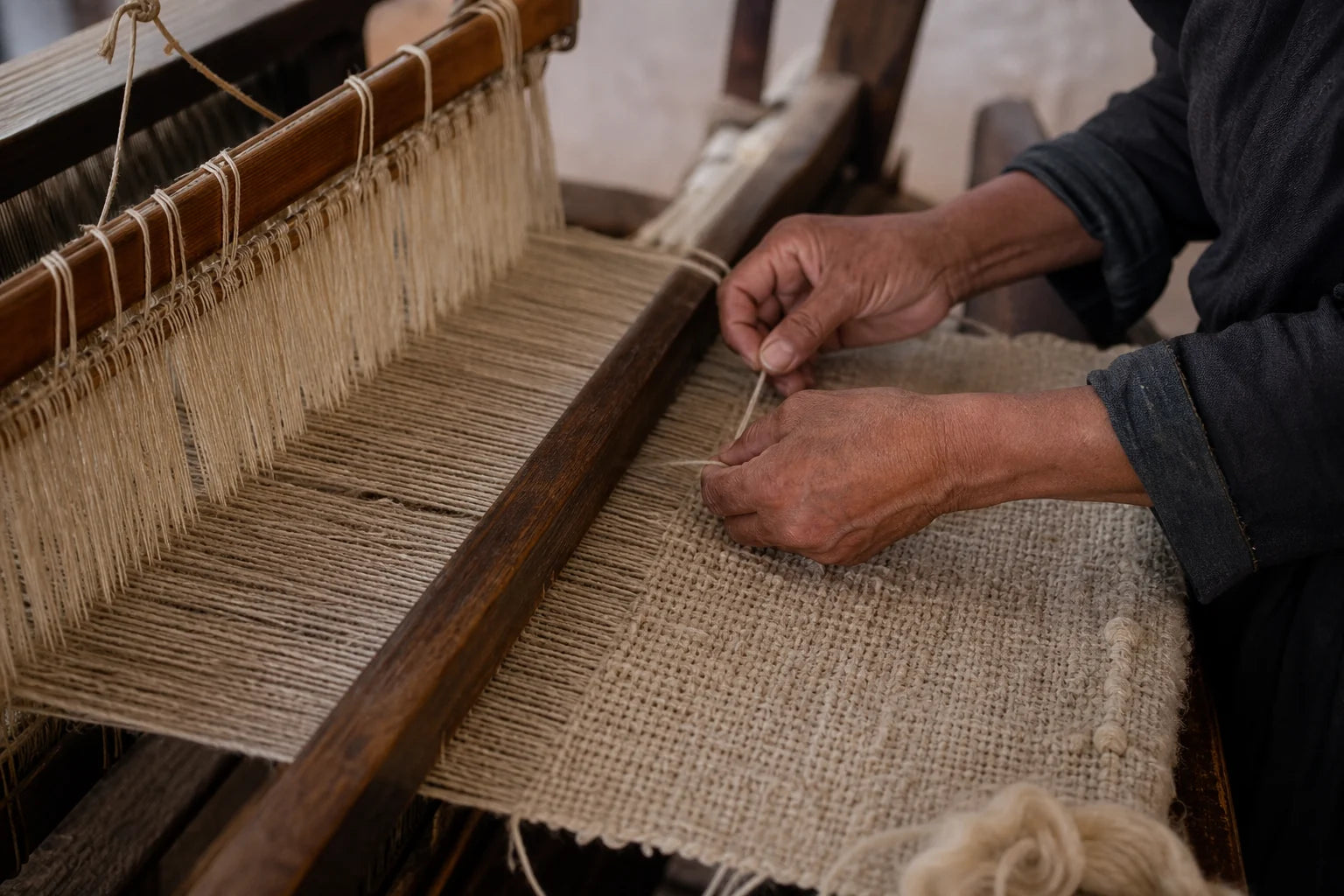 Hands working at a wooden loom in an ALPORA concept image